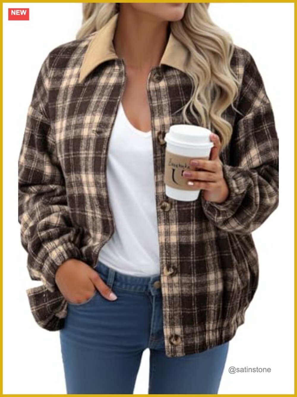 Womens Plaid Fleece Lined Shacket Jacket Corduroy Collar Long Sleeve Button